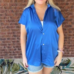 NEW! Women’s Button Down Satin Top in Royal Blue!